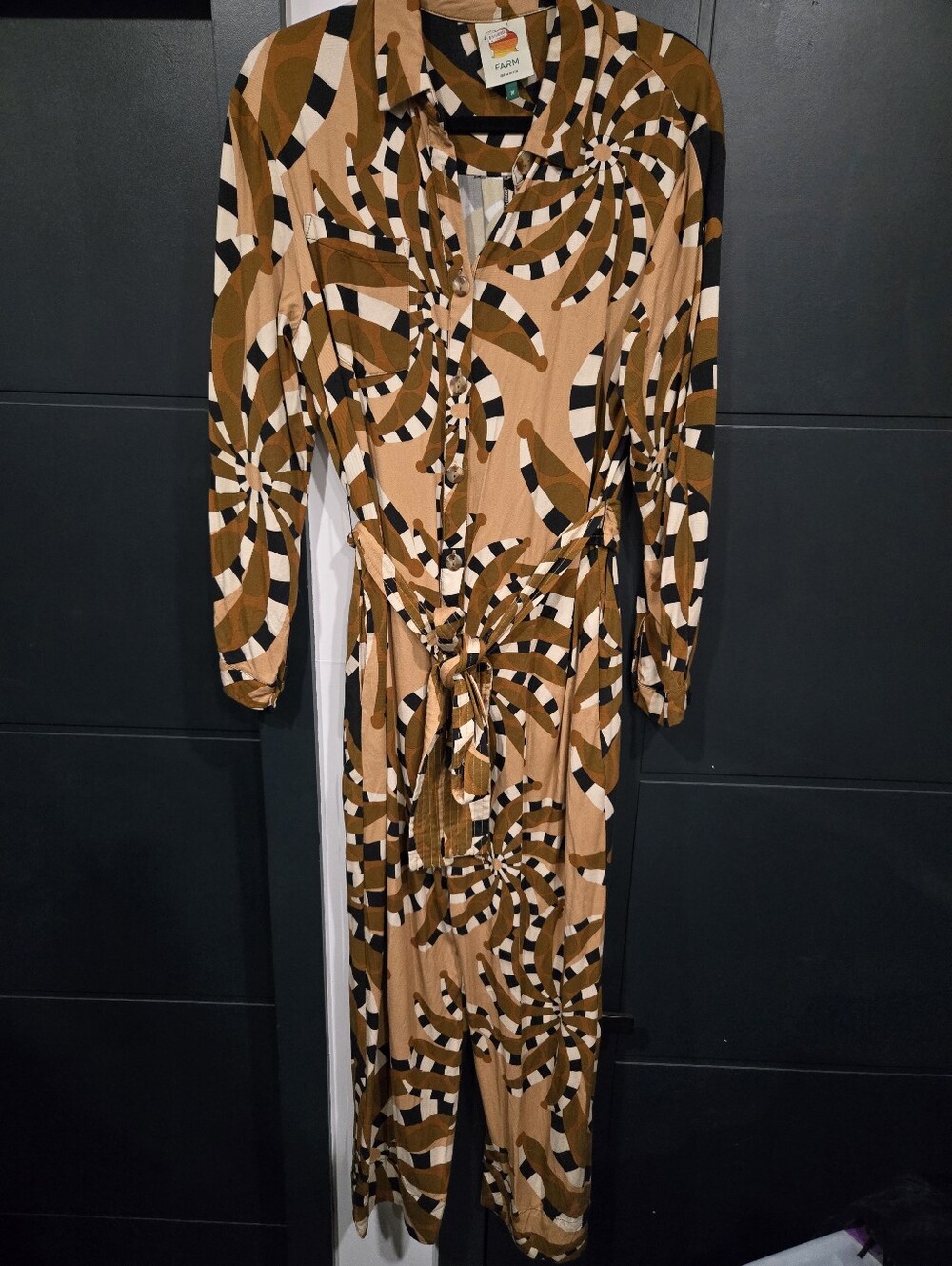 Farm Rio Mixed Banana Jumpsuit Medium Anthropologie Belt And Pockets Button Fron - Picture 2 of 8